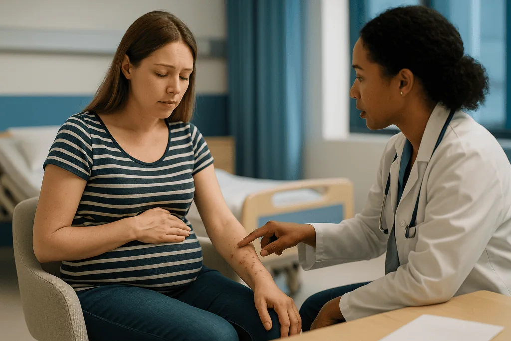 Pregnant woman receiving medical examination from doctor: Why have I suddenly got vasculitis?