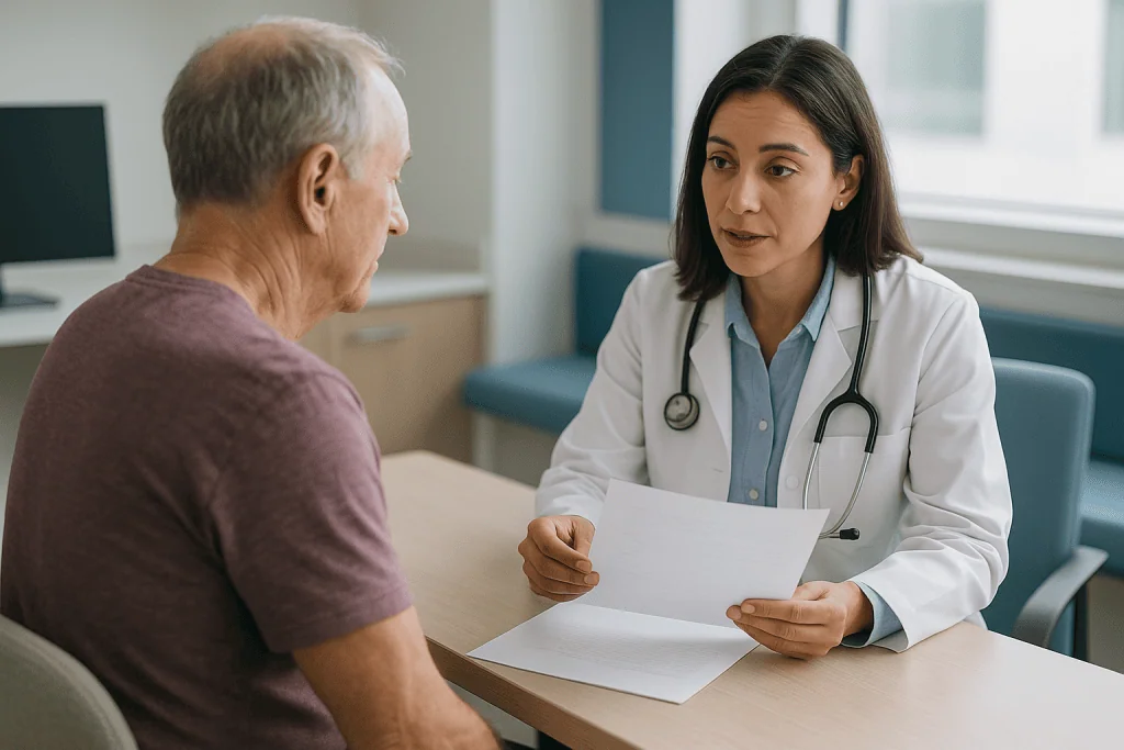 Doctor consulting with older male patient about medical documents: Why head and neck cancer biopsy results are reviewed agai