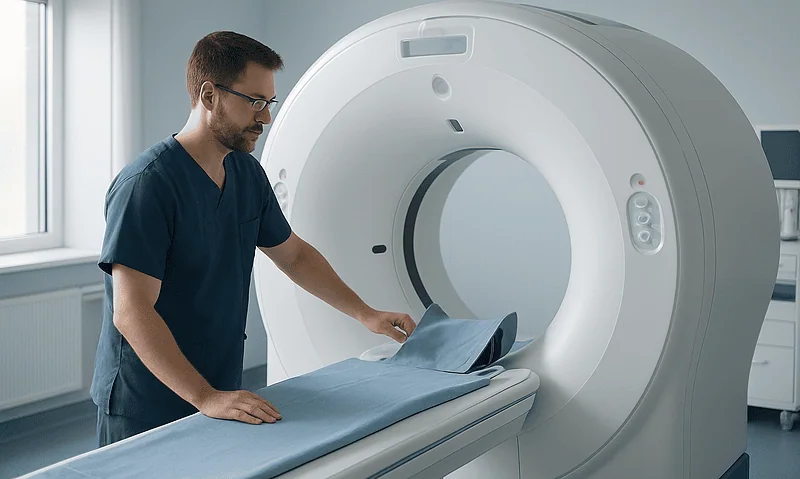 Technician prepares MRI scan in a modern hospital imaging room.