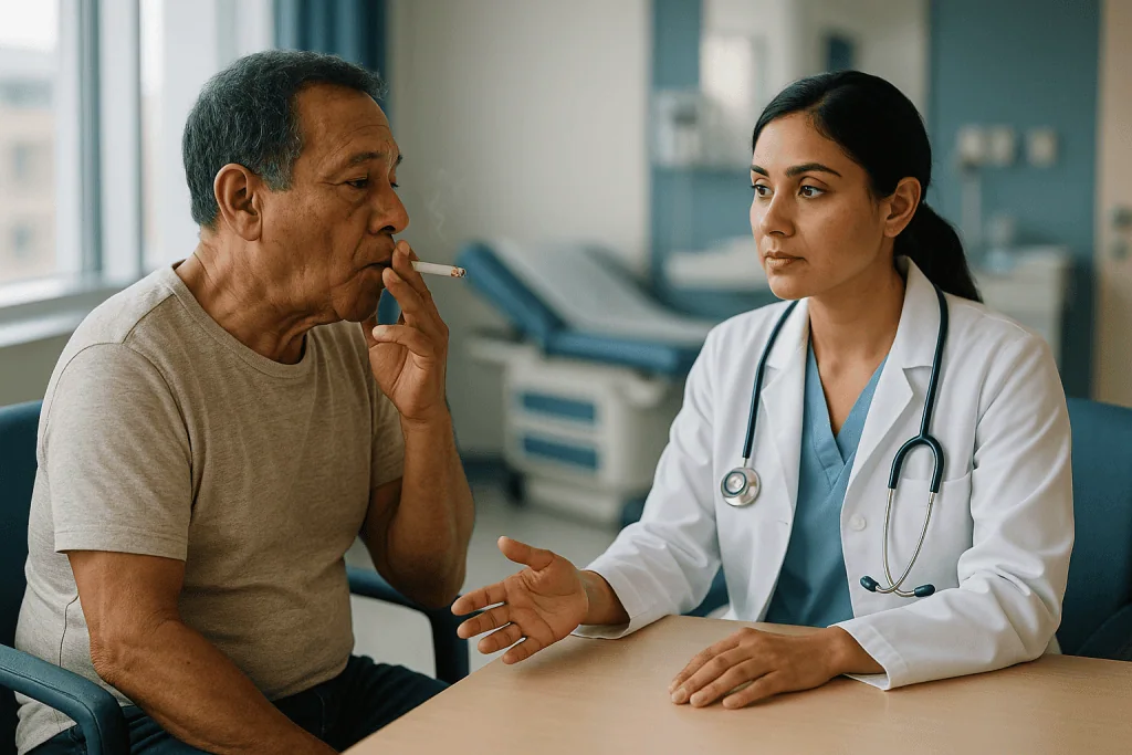 Doctor consulting with male patient in clinical setting: Why hematoma is the complication surgeons think about most