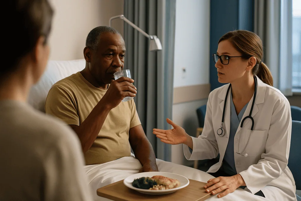 Doctor consulting with patient about food and hydration: Why hydration after kidney injury is never a fixed number