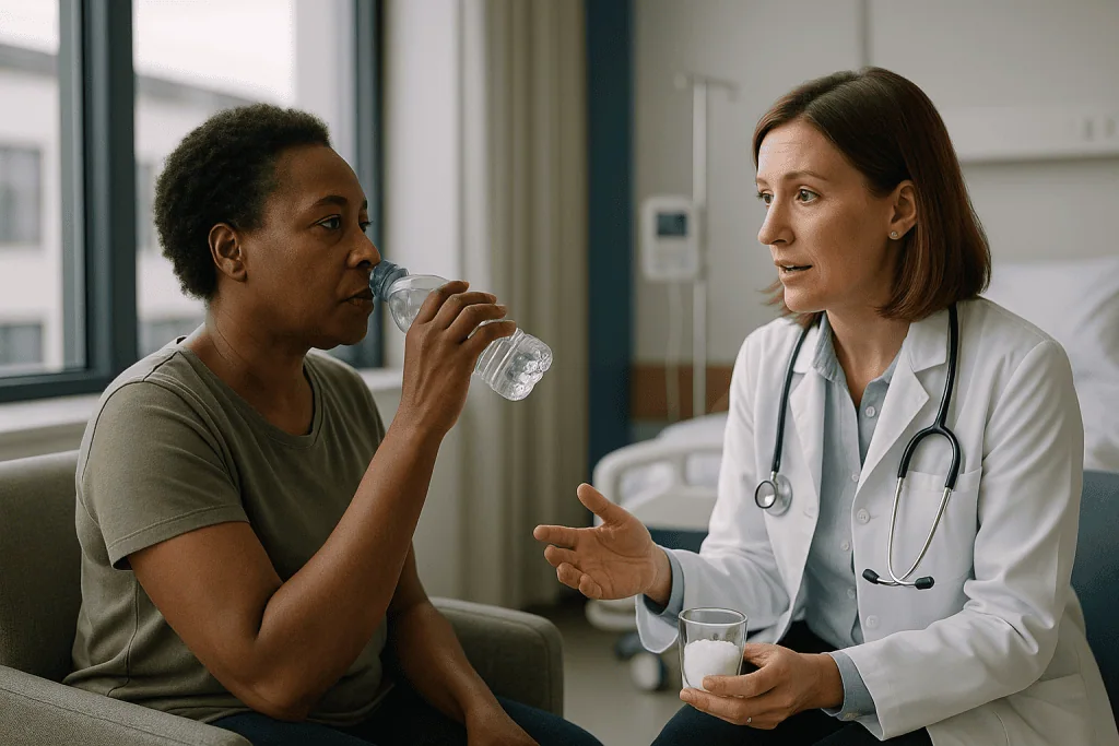 Doctor consulting patient about hydration and health management, Why hydration and salt come first, and where they stop hel