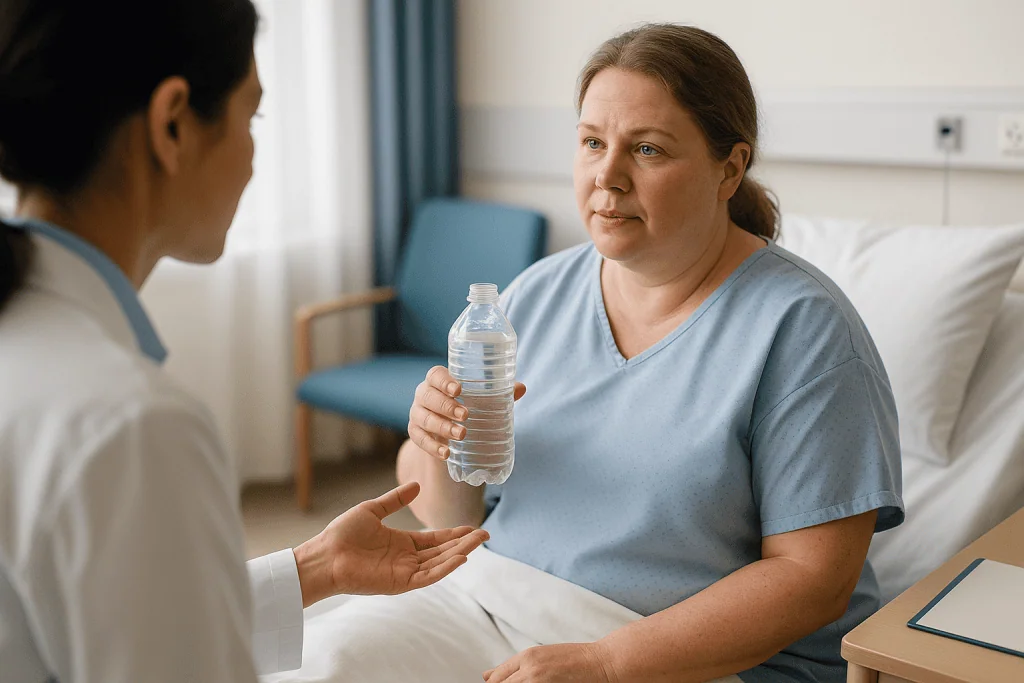 Healthcare provider consulting patient with water bottle: Why hydration is the first job after a mini gastric bypass