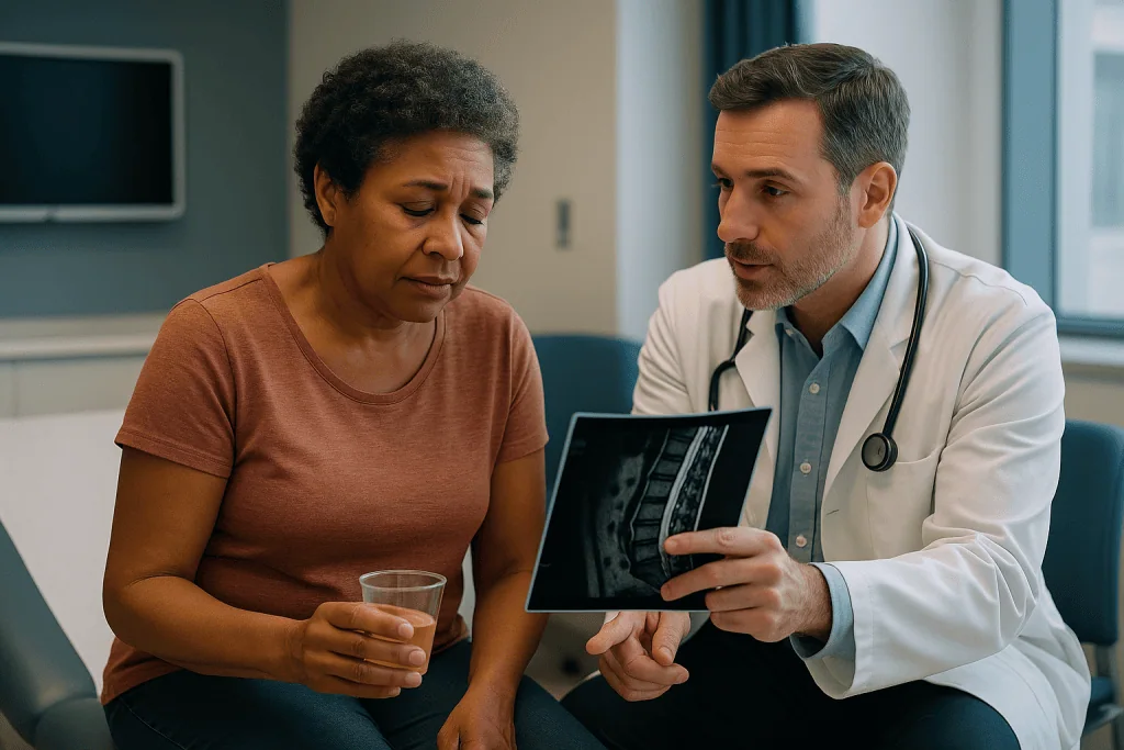 Doctor showing medical imaging to patient in consultation: Why imaging and contrast matter more than the needle