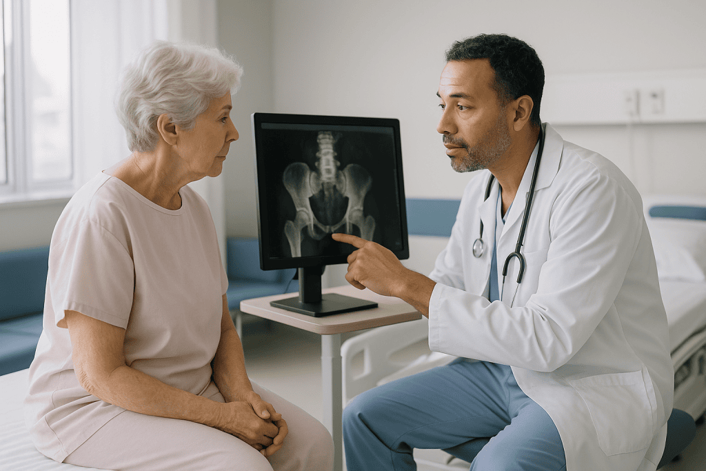 Doctor discussing pelvic X-ray with elderly patient: Why imaging comes first: what a CT scan tells the surgical team