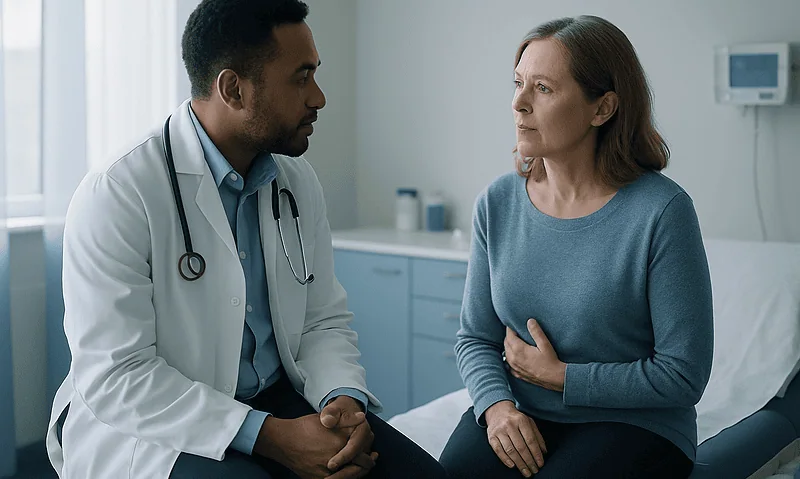 Doctor consulting with a patient about immunotherapy side effects in a hospital room.