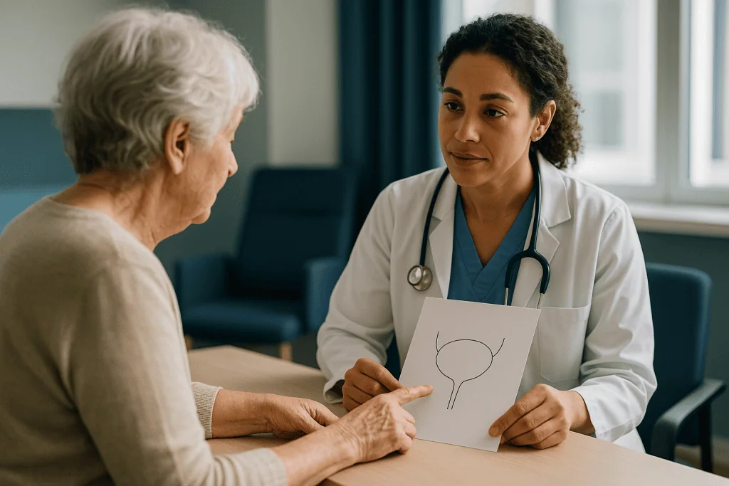 Doctor consulting elderly patient with anatomical diagram: Why incontinence in older adults treatment starts with the type o