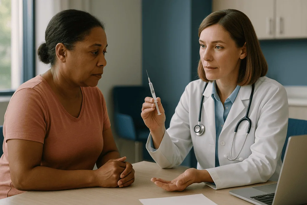 Doctor discussing medical care with adult patient at desk: Why infections dominate the rheumatoid arthritis before starting 