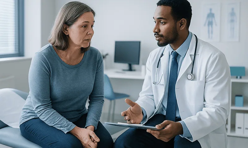 Doctor consulting with a female patient in a medical office.
