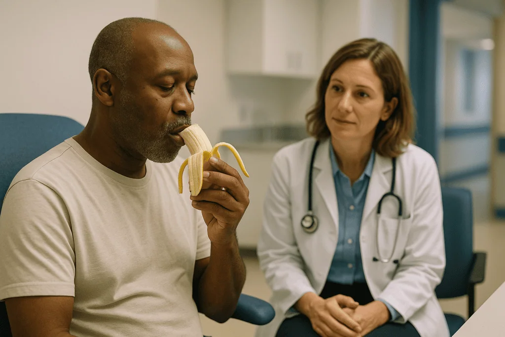Patient eating banana during medical consultation: Why intratympanic steroid injection side effects are usually short-lived