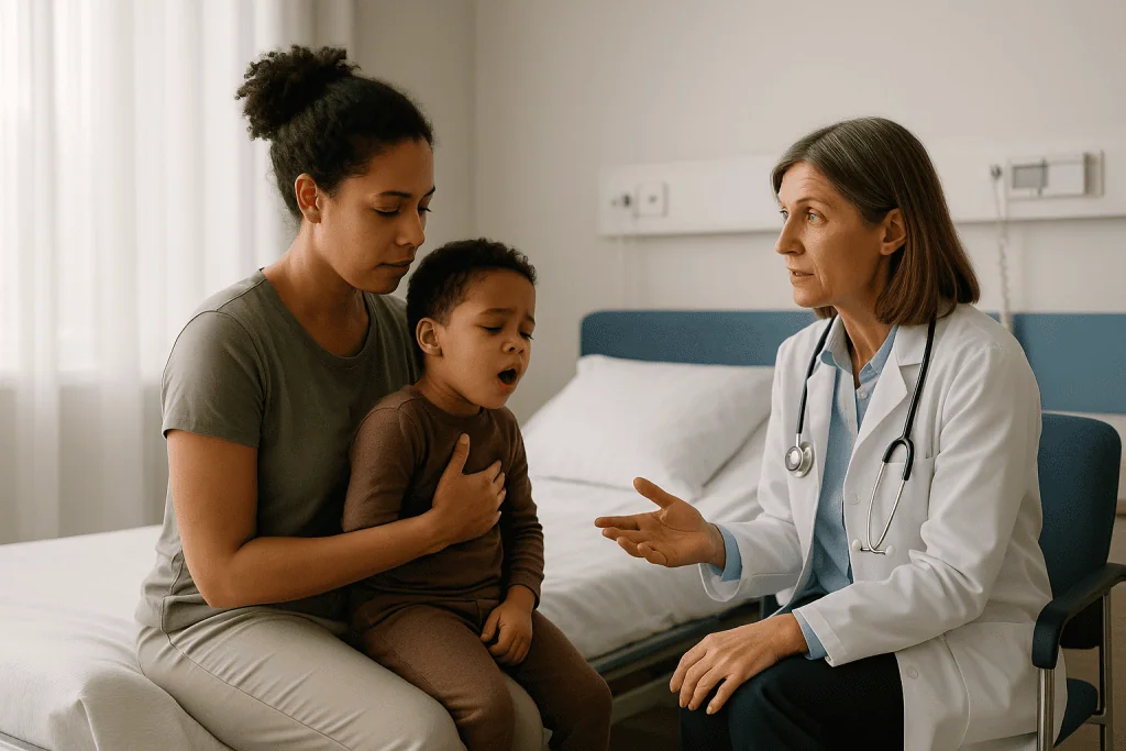 Mother holding child with cough during pediatric doctor consultation: Why is a croup cough at night so much worse?