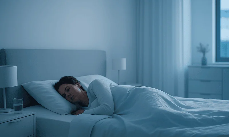 Woman sleeping peacefully with night headband after ear surgery.