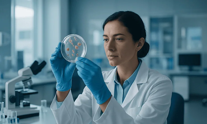 Laboratory technician examining a petri dish with bacterial culture.
