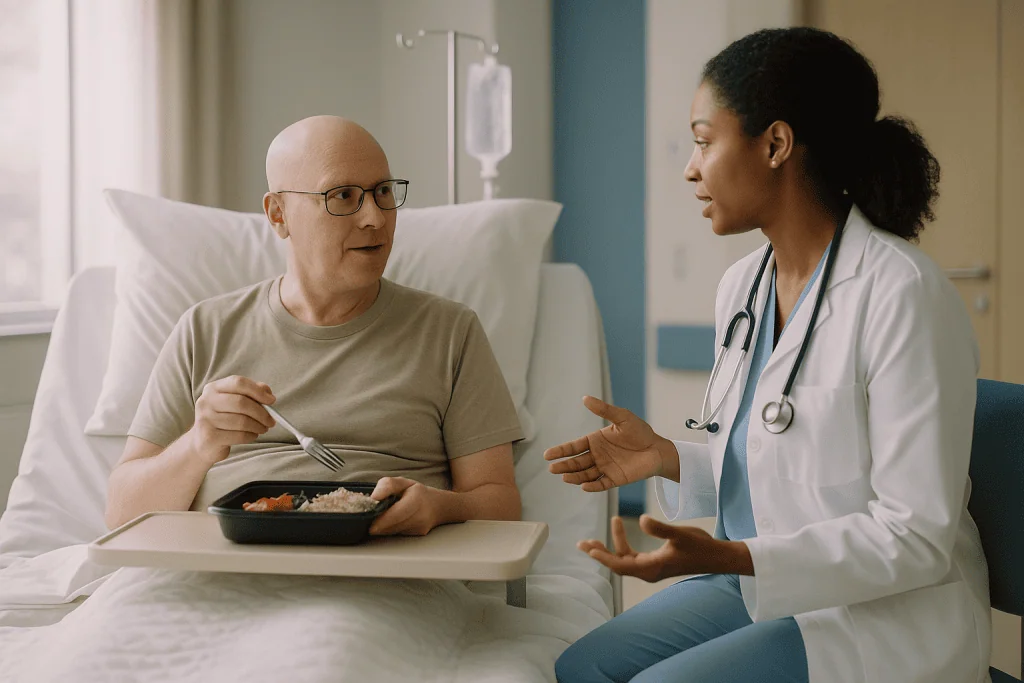 Doctor consulting patient eating meal in hospital bed: Why is ALL treated in phases instead of one big course?