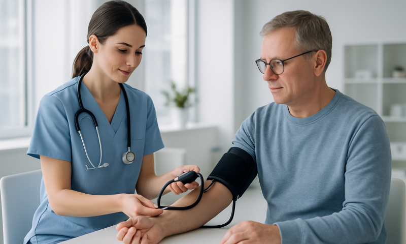 Healthcare professional measuring blood pressure of a patient in a clinical setting.