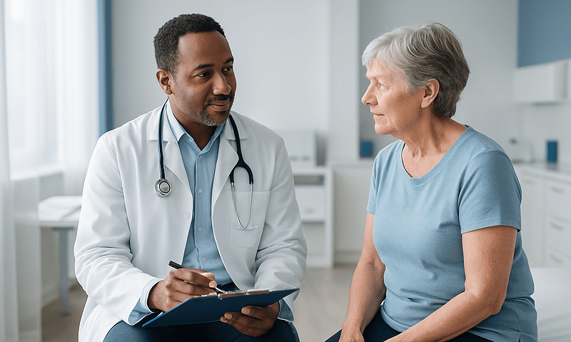 Doctor consulting with an elderly female patient in a medical office.
