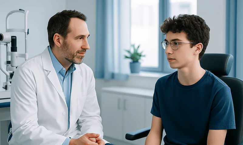 Optometrist consulting with teenage patient about eye health.