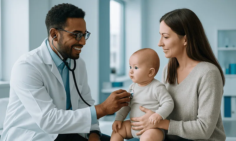 Pediatrician examining a baby with mother in a clinic setting.