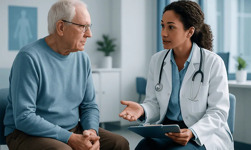 Doctor consulting with an elderly male patient in a hospital setting.