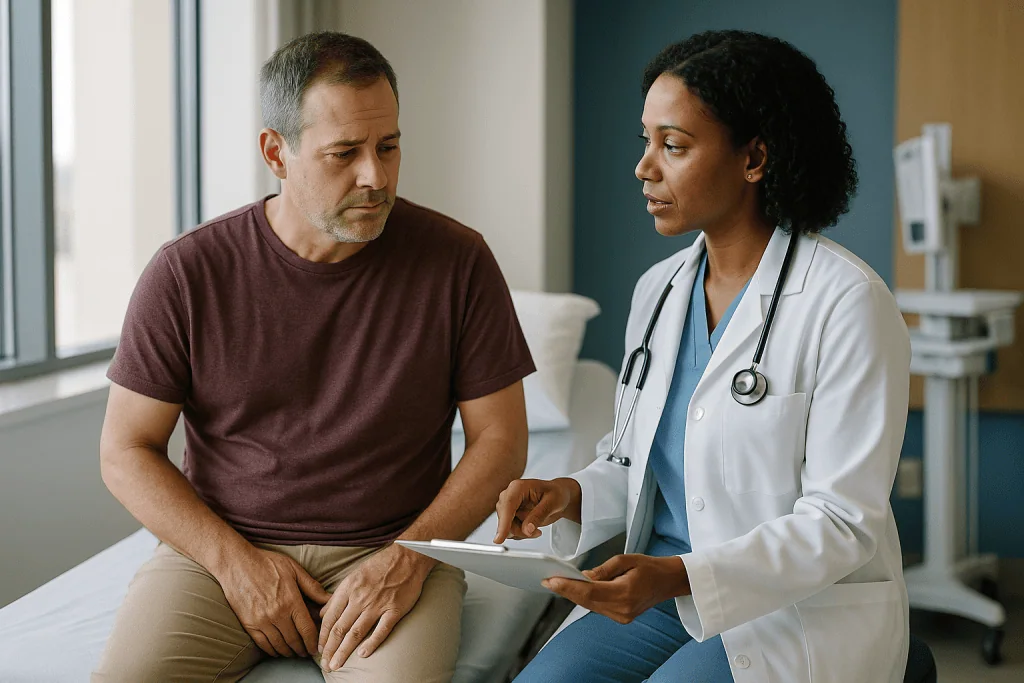 Doctor consulting male patient in clinical examination room: Why is my epididymo-orchitis not improving on antibiotics?