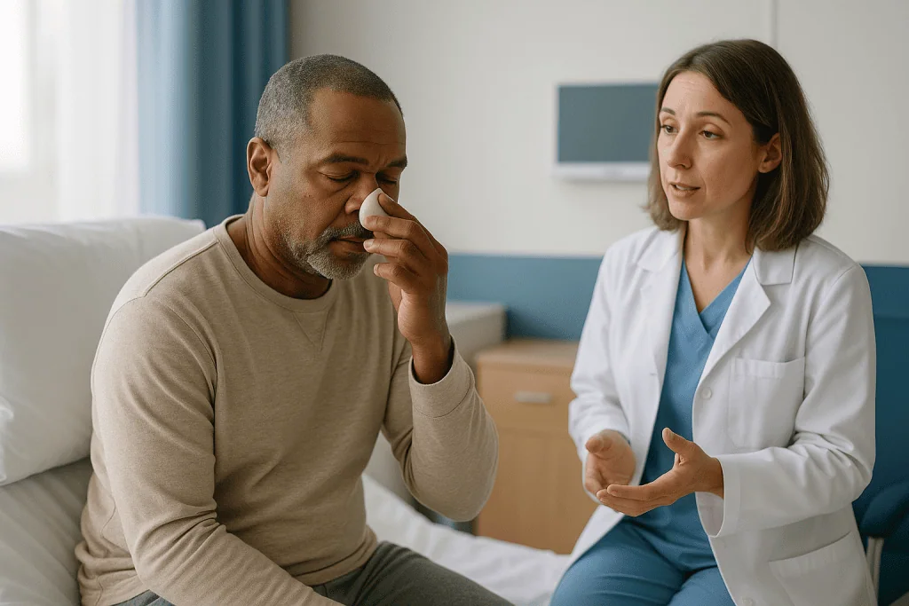 Doctor consulting patient about symptoms in clinic: Why is my nose blocked after pituitary surgery?