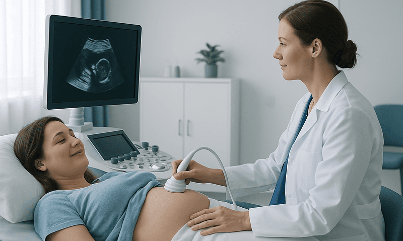 Doctor performing an ultrasound on a pregnant woman in a medical clinic.