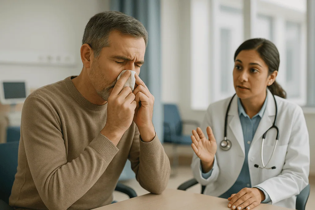 Patient consultation with female doctor in clinical setting: Why is nose blowing after DCR surgery off-limits?