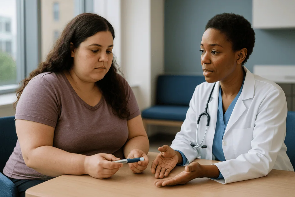 Doctor consulting with patient about medical condition: Why is Ozempic for PCOS off-label, and what does that mean?