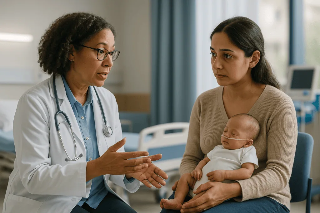 Female doctor consulting mother holding infant baby: Why is retinopathy of prematurity screening done at all?
