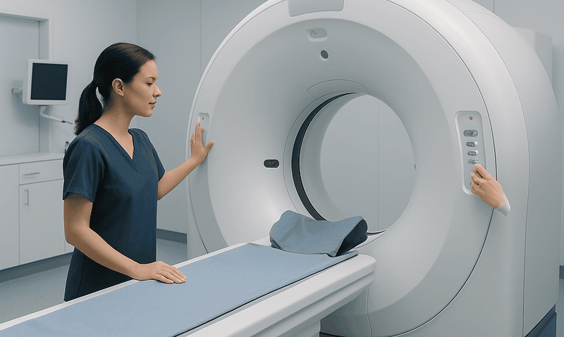 Medical technician prepares MRI scan in a modern hospital setting.