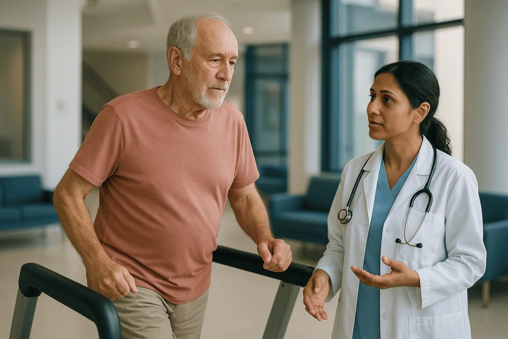 Elderly male patient exercising on treadmill with physician: Why is supervised exercise therapy for PAD considered treatment