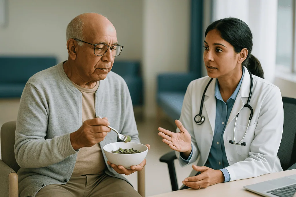 Doctor consulting elderly patient about diet and nutrition: Why is the cause search wider after 65 than it is in younger adu