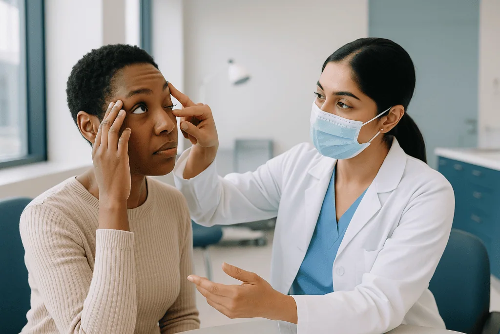 Healthcare provider examining patient's eye area during consultation: Why is the chalazion incision made inside the eyelid?