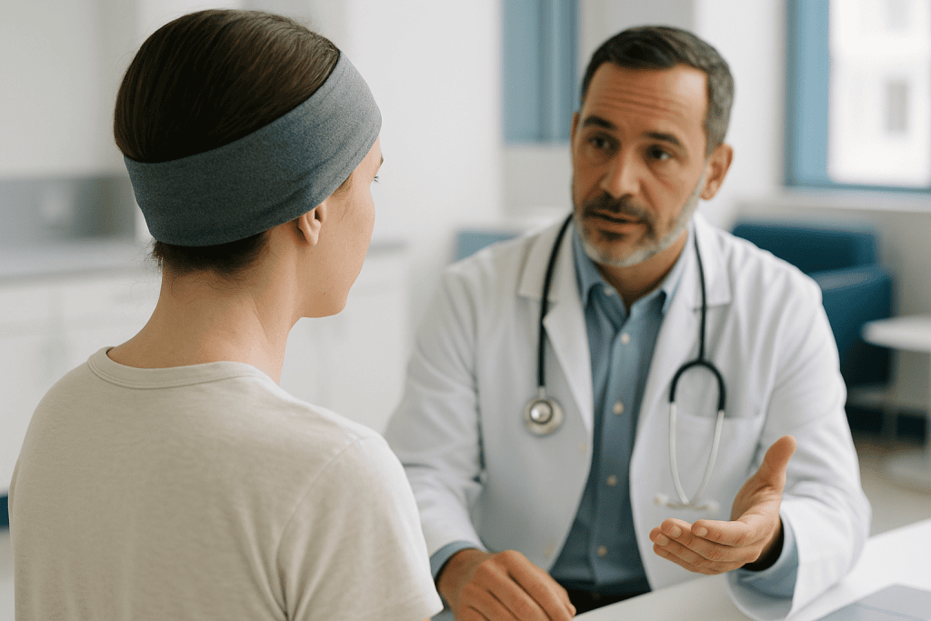 Doctor consulting with patient in clinic: Why is the headband mainly worn at night?