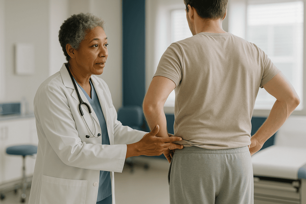 Doctor examining patient's lower back or abdomen: Why is the right kidney lower than the left?