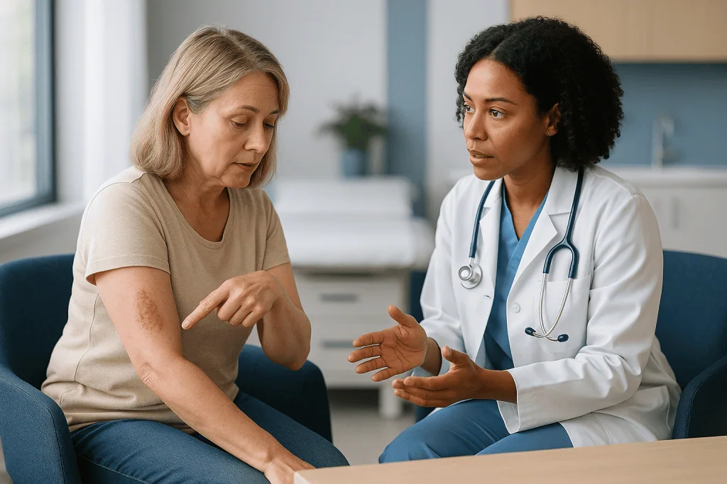 Doctor consulting with patient about skin condition: Why is the wound bigger than the spot I could see?