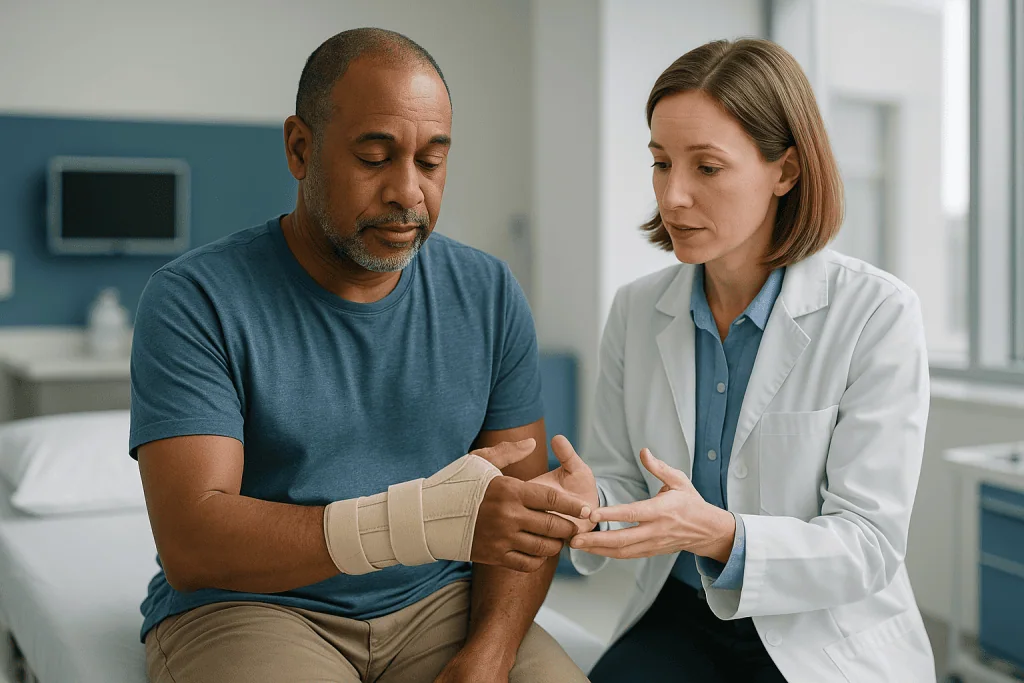 Doctor examining patient's bandaged wrist in clinic: Why is there a splint after nerve surgery, and how long is it worn