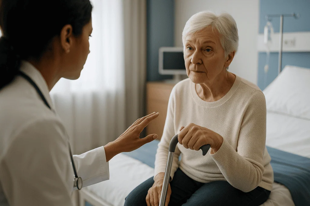 Healthcare provider consulting elderly patient with mobility aid: Why is vertigo in elderly treatment different from care fo