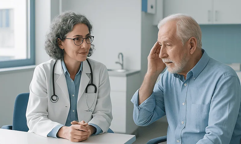 Doctor consulting with an older male patient about vertigo symptoms.