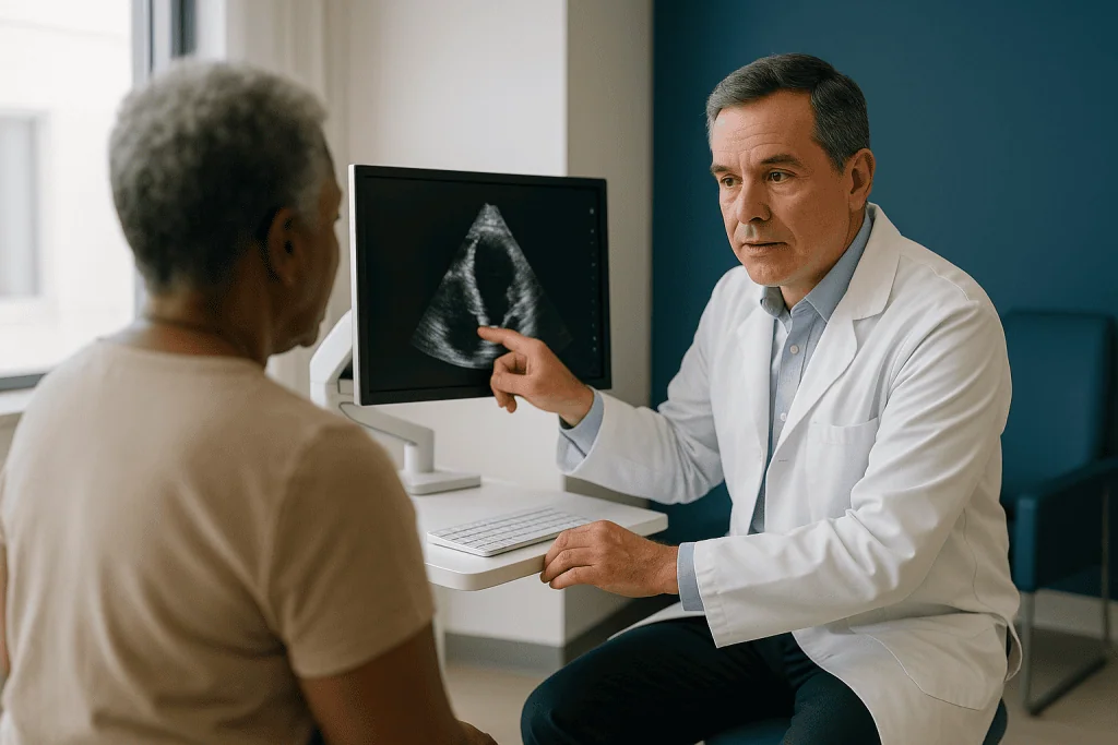 Doctor showing ultrasound image to patient at desk: Why isn't an echocardiogram enough to size a TAVI valve?