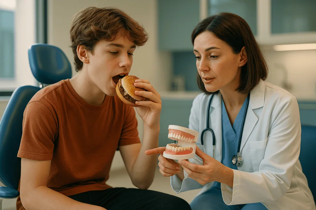 Teenager eating burger while dentist shows dental models: Why jaw growth decides the timing for dental implants for teenager