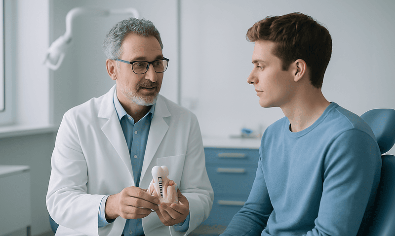 Dentist explaining dental implant options to a young patient in a clinic.