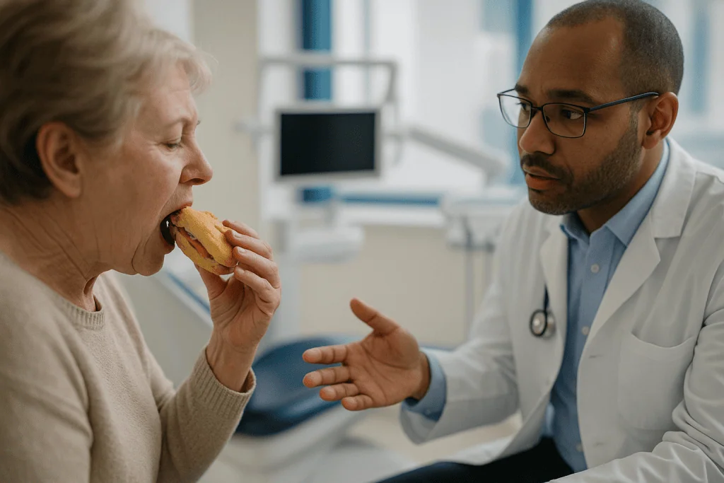 Doctor counseling elderly patient eating sandwich: Why jawbone volume decides more than personal preference