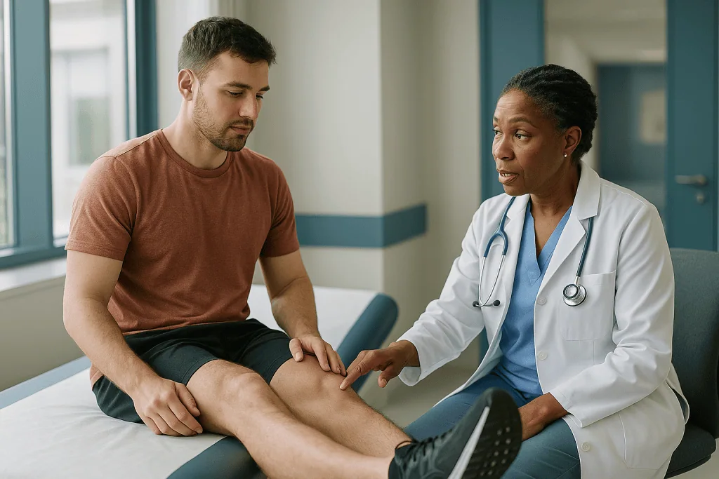 Doctor examining patient's knee during medical consultation: Why joint protection hemophilia exercise advice starts with mus