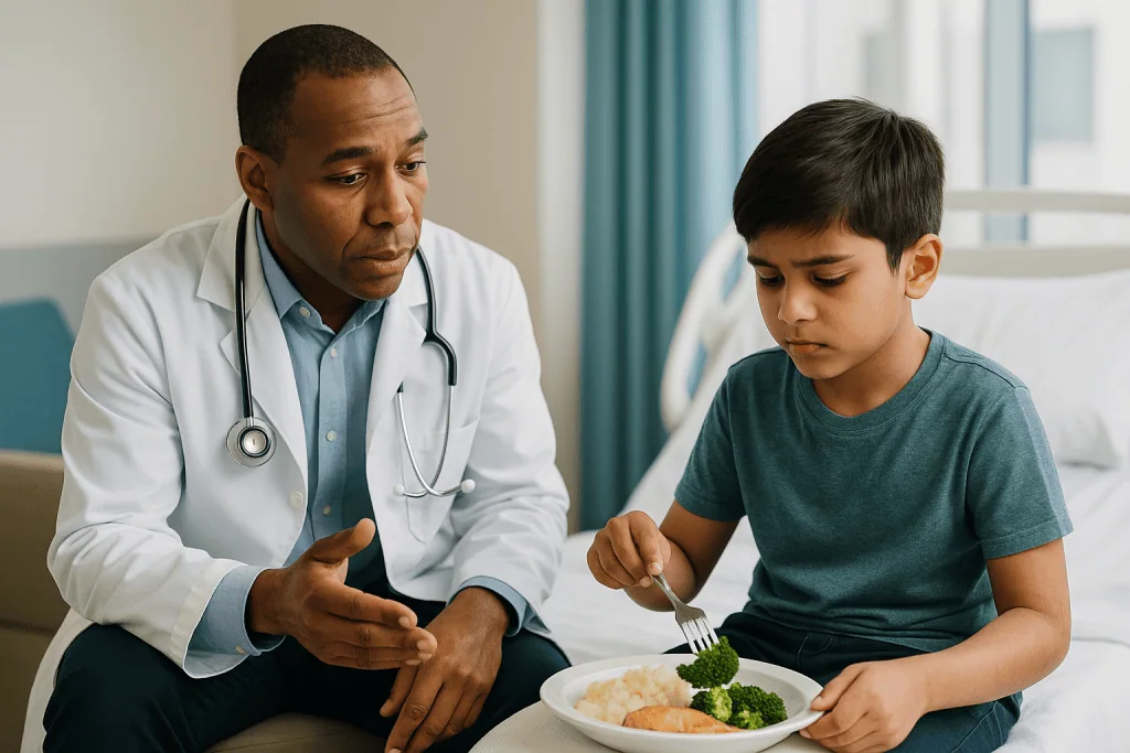 Doctor consulting child about healthy nutrition and diet: Why kidney disease in children usually starts differently than in 