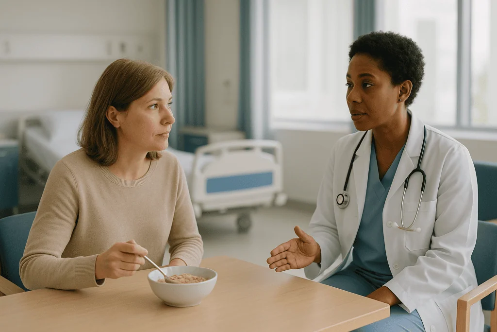 Doctor consulting patient eating cereal at table: Why laparoscopy fasting preparation matters more than it seems