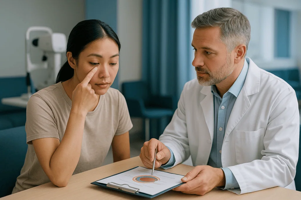 Doctor consulting patient with diagram at desk: Why LASEK PRK for thin corneas is so often the first suggestion