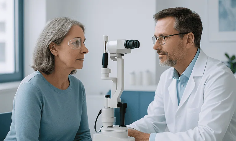 Ophthalmologist examining elderly woman's eye with slit lamp.