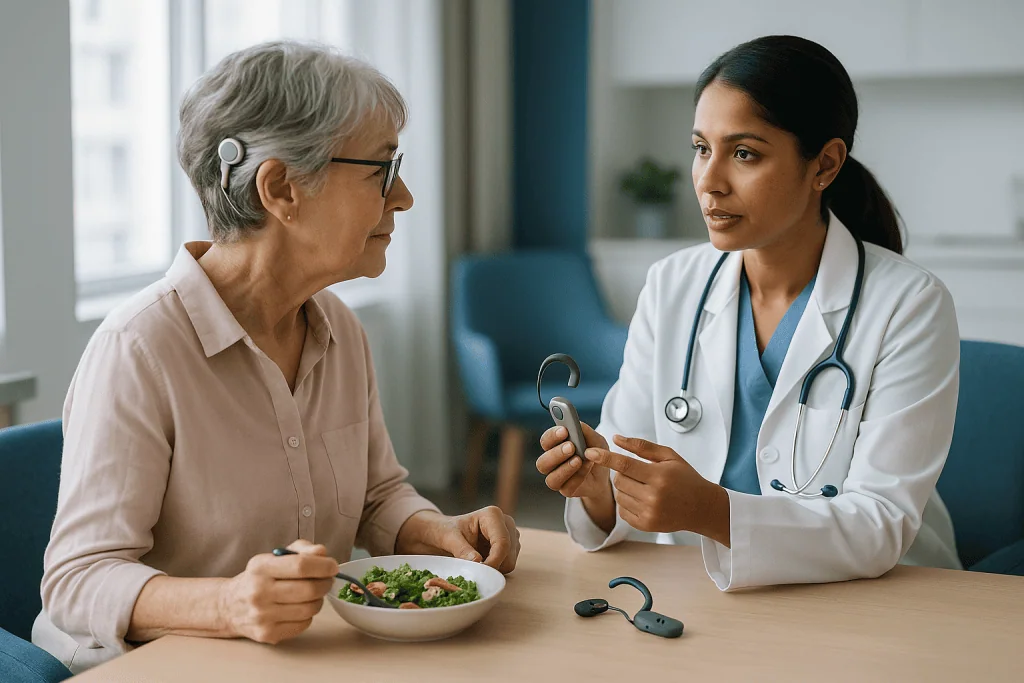 Doctor consulting elderly patient about hearing aids during meal: Why later-life hearing loss is different from the loss a h