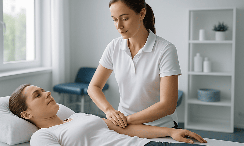 Healthcare professional examining a patient in a clinical setting.